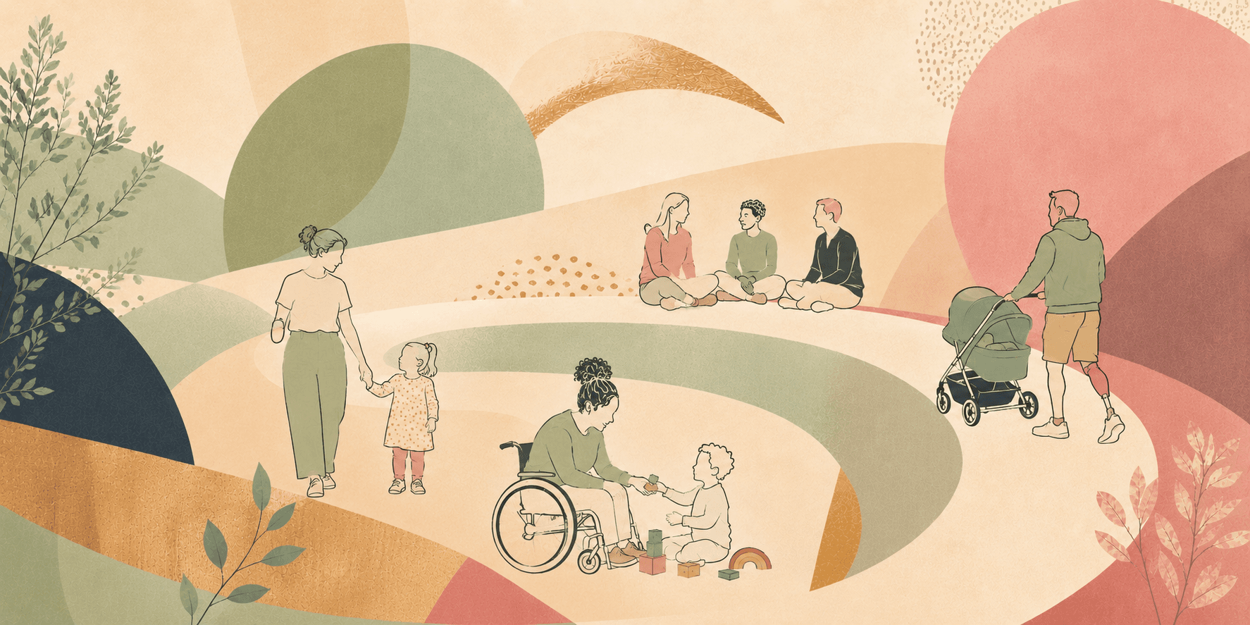 Illustration of disabled parents and families connected by a flowing accessible pathway
